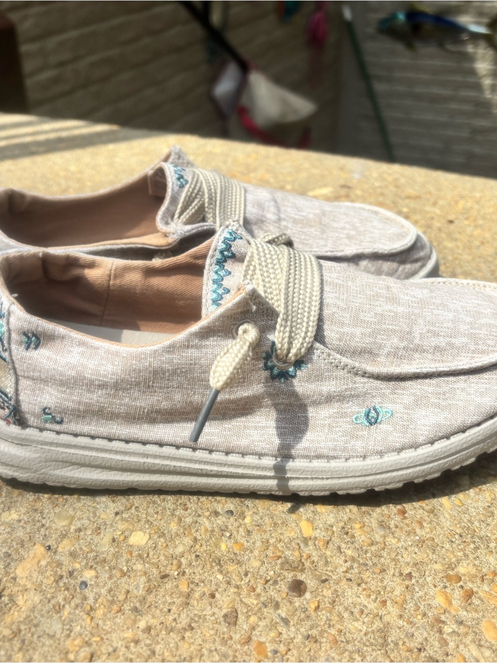 Hey Dude Womens Slip-On Moccasins in Light Beige with Teal Accents